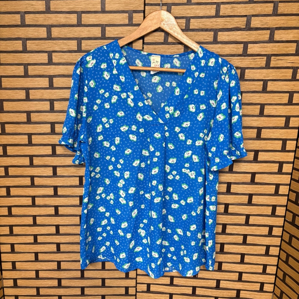 7th Ray Blue Floral Blouse Size Large